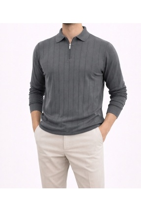 HELS GİYİM Erkek Regular Fit Yarım Fermuarlı Polo Yaka Triko Kazak - Çizgi De...