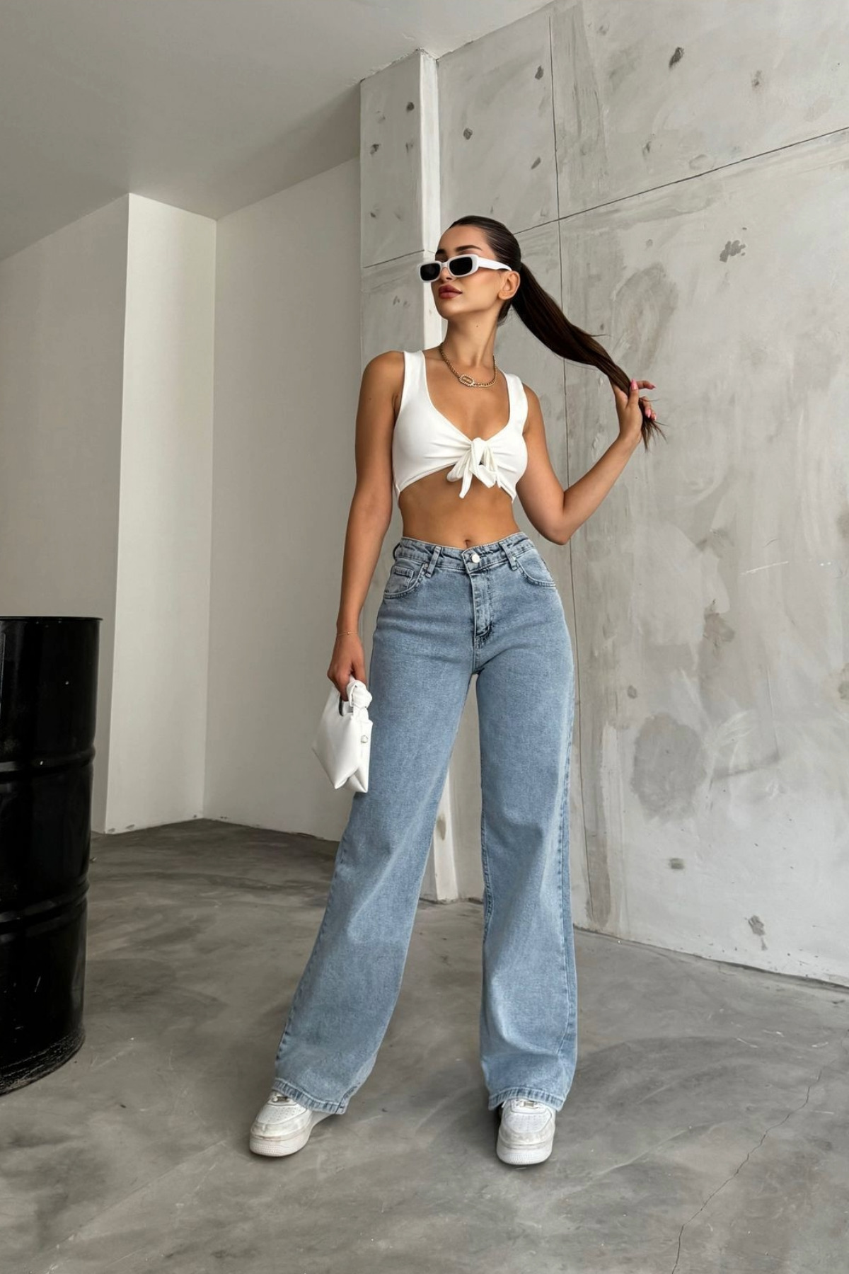 BİKELİFE  Kadın Açık Mavi Yüksek Bel Geniş Paça Bol,salaş Palazzo Jeans - Görsel 5