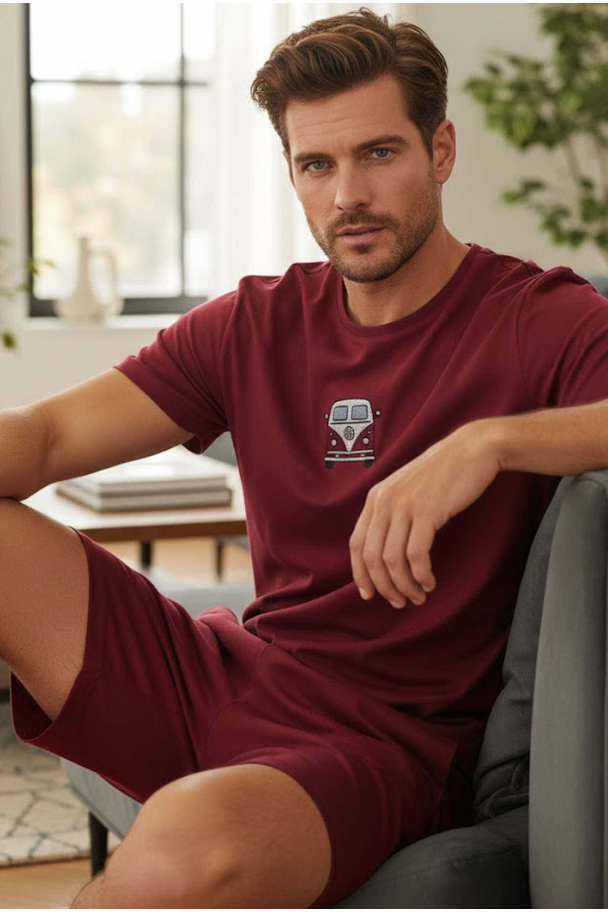 Siyah İnci bordo Kısa Kollu Örme Nakışlı Erkek Şort-Pijama Takım 7820