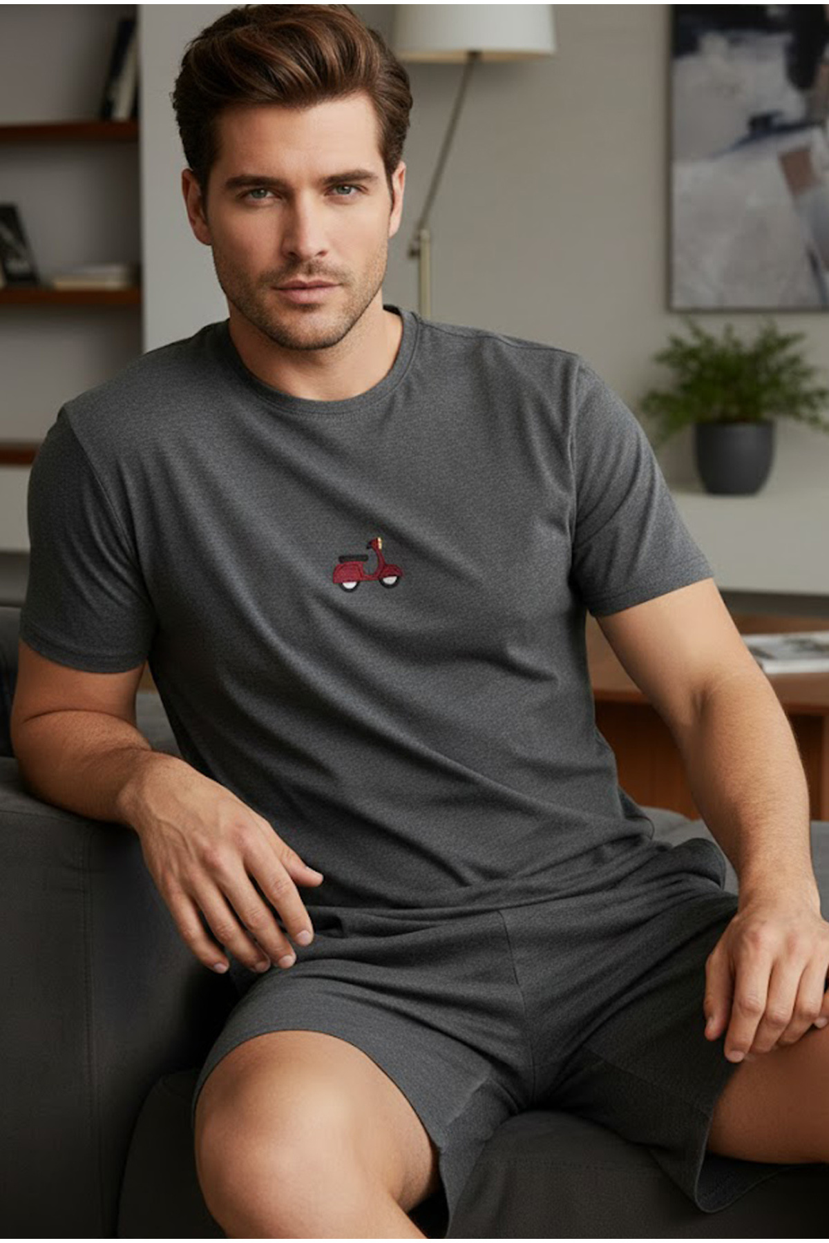 Siyah İnci Smoked Short-Sleeved Knitted Embroidered Men's Shorts-Pajama Suit 7820