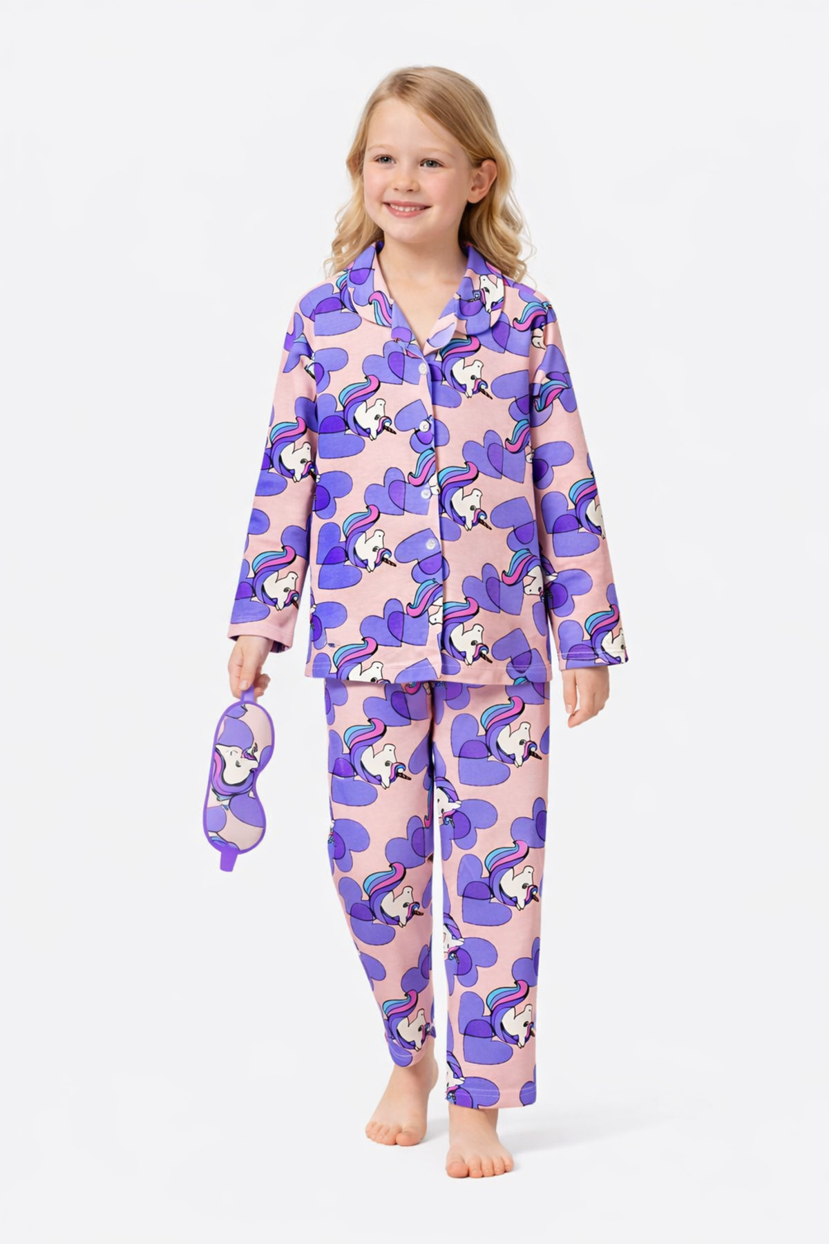 Beka Kids Desenli Uzun Kollu Önden Düğmeli Gömlek Yaka Kız Çocuk Pijama Takımı %100 Pamuklu Ve Göz BandI fotoğrafı 3 (önizleme)