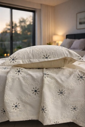 miar home perde tekstil Çift Kişilik Nakışlı Yatak Örtüsü Seti – 2 Adet Yastı...