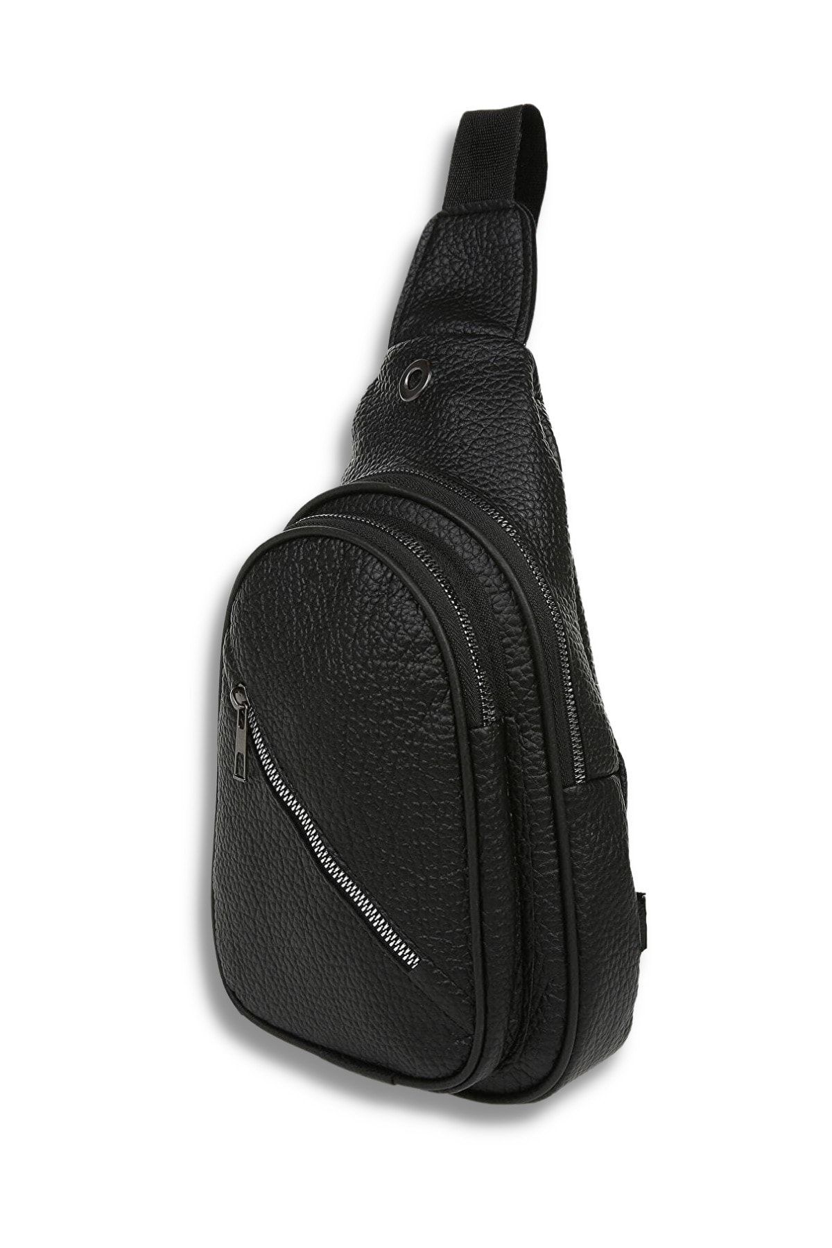 Genel Markalar  Siyah Deri Görünümlü Unisex Yandan Çapraz Sırt Göğüs Bel Çantası, Kulaklık Usb Cep Telefonu Bölmeli - Görsel 5