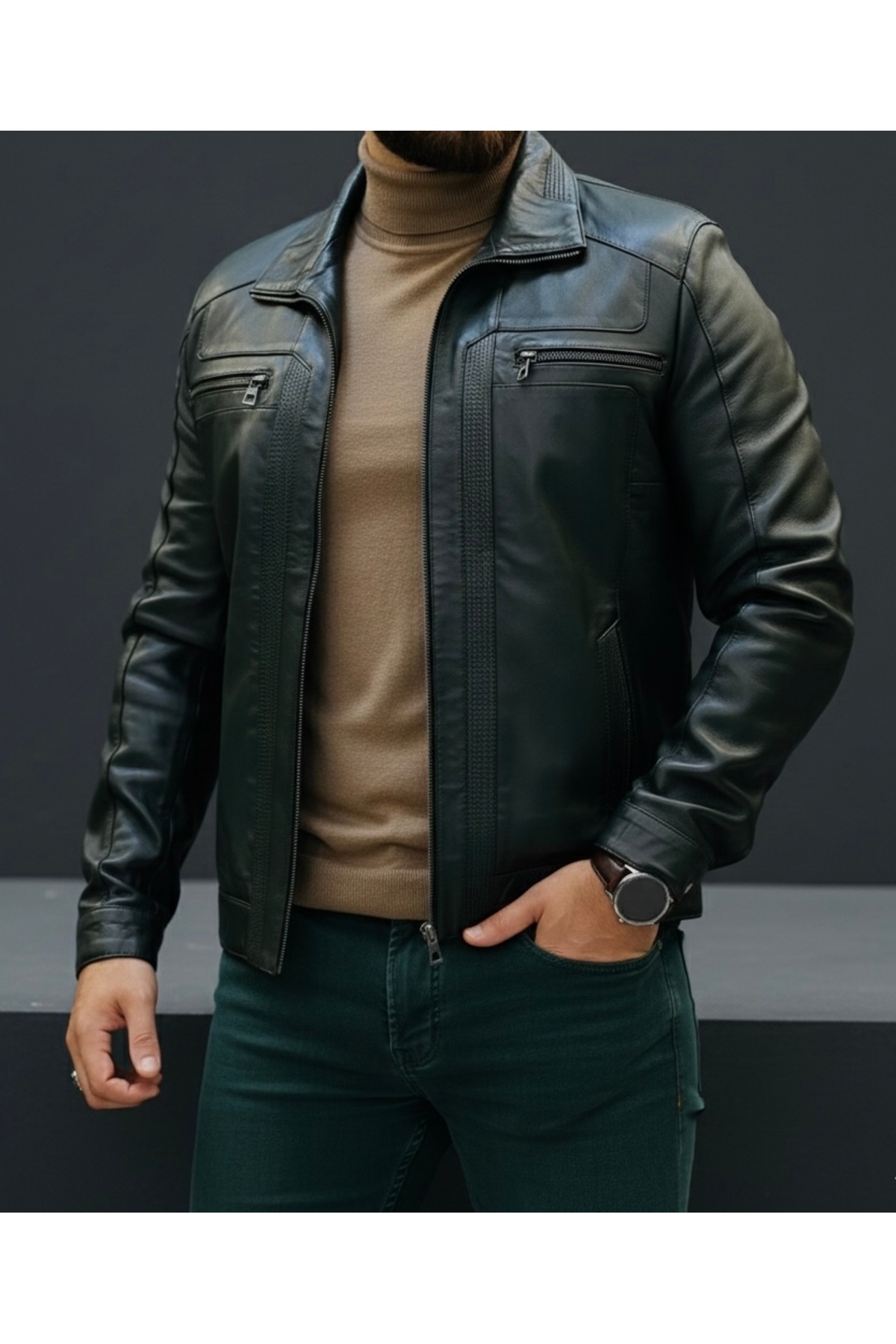 SAVARA  Erkek yeşil polo yaka Gerçek deri mont regular fit kalıp %100 orginal