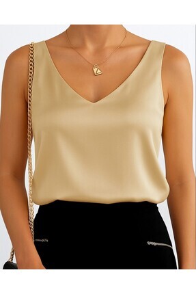Modamorfo V Yaka Sıfır Kol Saten Bluz -Sarı