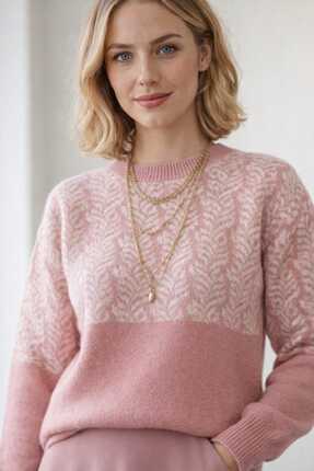 WELVETTE Desenli yaprak desen uzun kol kazak