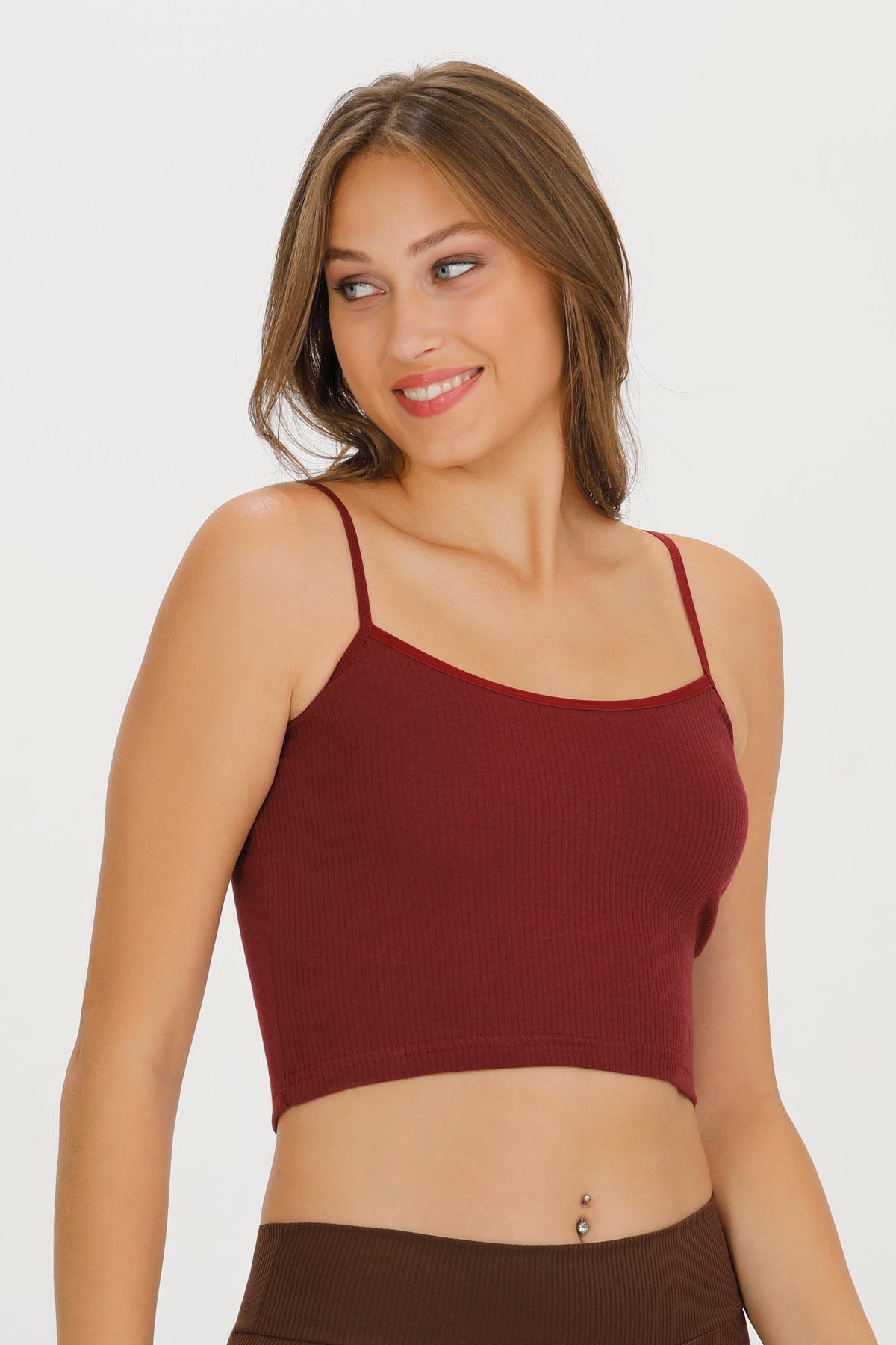 Sensu Kadın Fitilli Kumaş İp Askılı Crop Büstiyer - CROP120 -BORDO görsel 2
