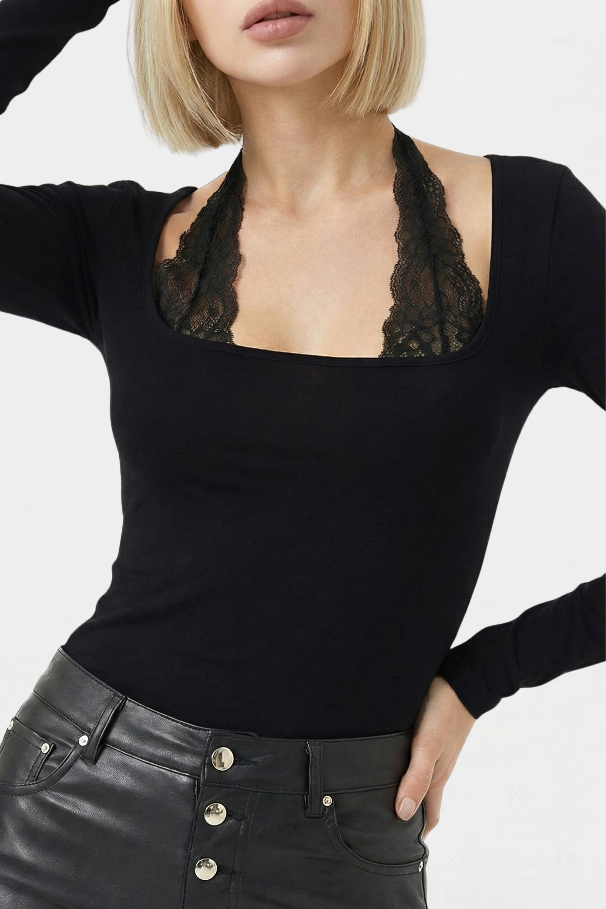 VODENS  Siyah Bağlamalı Dantelli Gotik Y2K Uzun Kol %95 Pamuk Bluz - Görsel 2