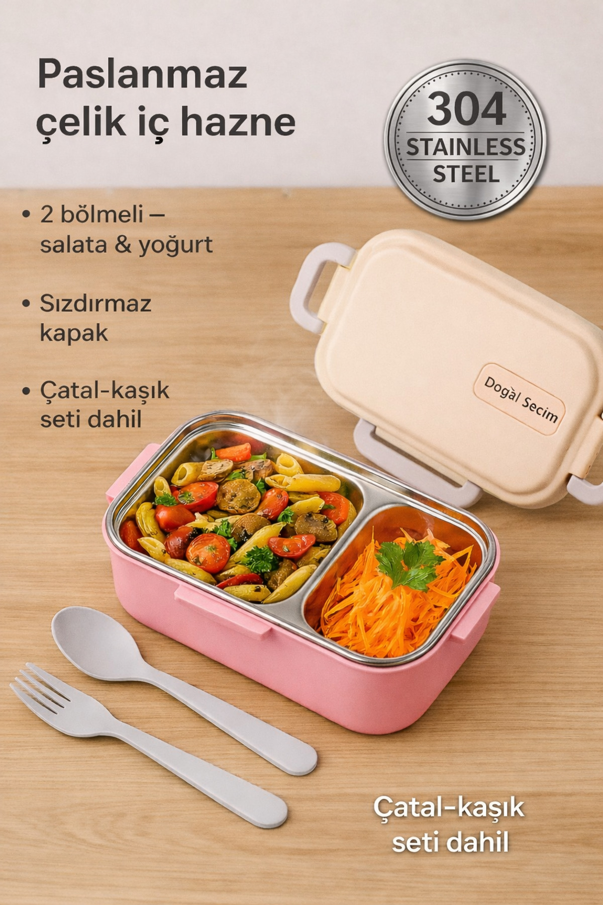 Steel Feeding Bowl with 2 Compartments, Fork Spoon ,Air Lock, Microwave Safe, BPA Free
