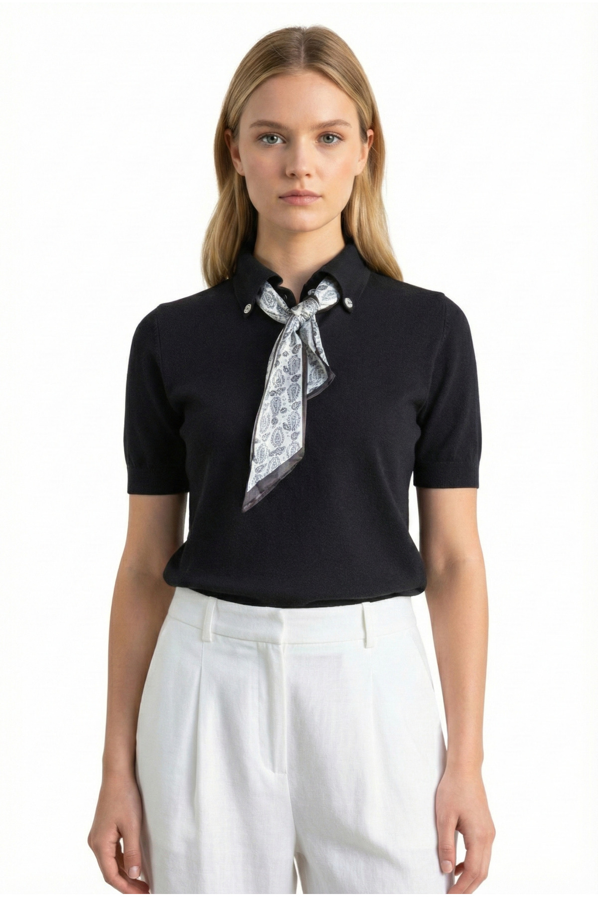 Bisou Women's Black Scarf Detailed Polo Collar Silk Textured Short
