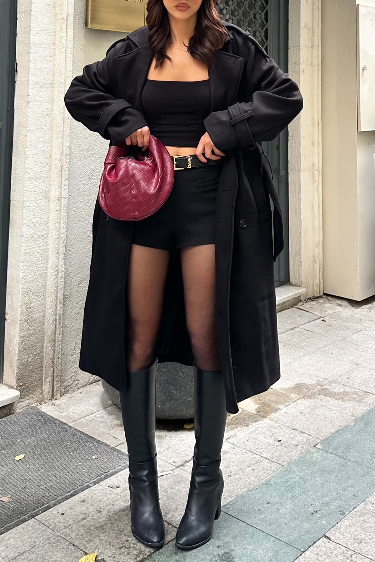 My Loore  Kadın Siyah Oversize Kuşaklı Premium Kaşe Kaban | Astarlı & Cepli MLB077 - Görsel 6