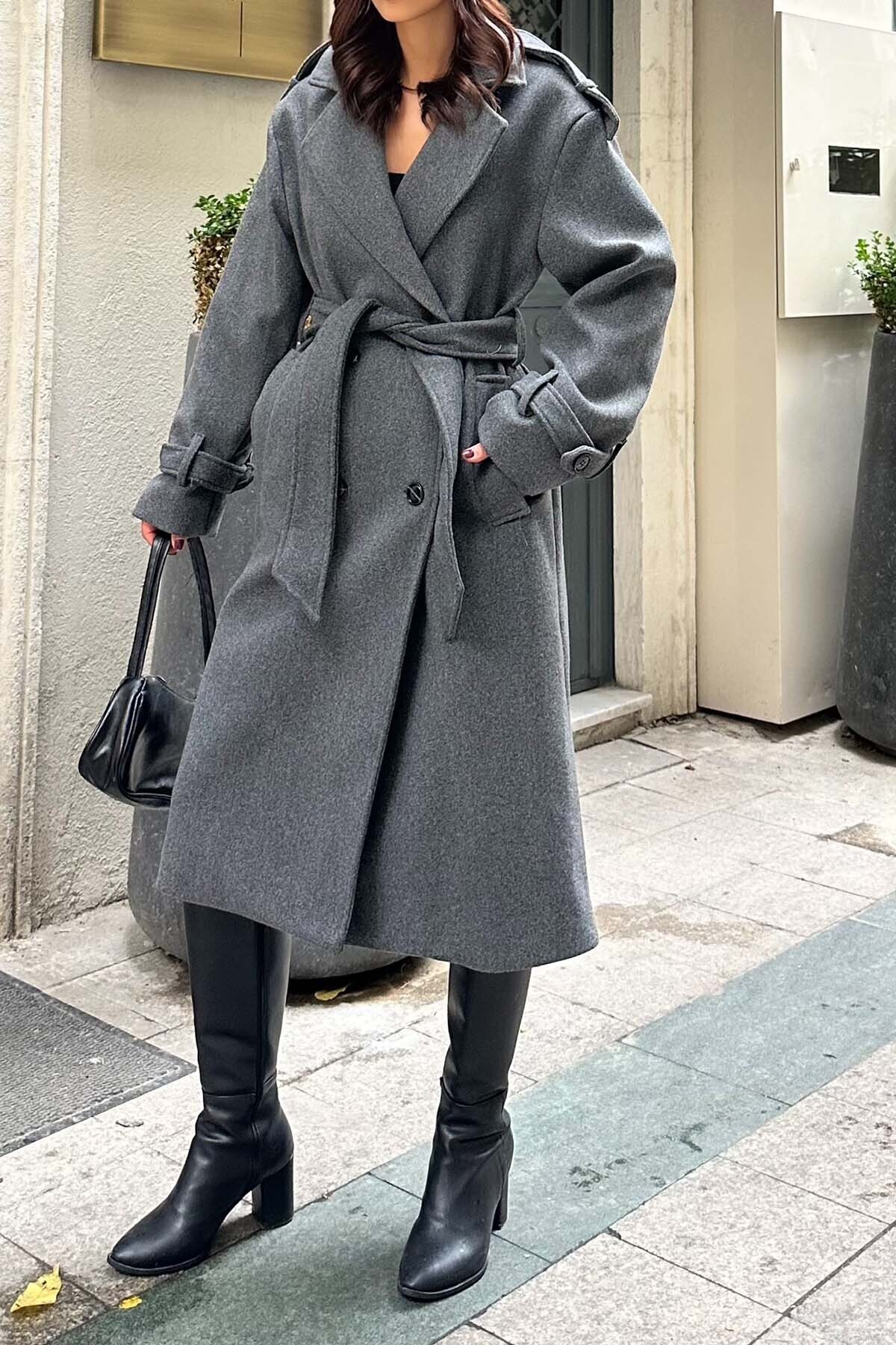 My Loore  Kadın Antrasit Oversize Kuşaklı Premium Kaşe Kaban | Astarlı & Cepli MLB077 - Görsel 8