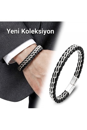 Caseras Casera’s Erkek Çift Zincir Çelik & Deri Bileklik – Siyah Maskülen Tas...