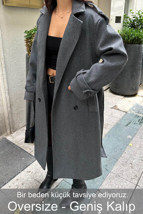 My Loore Kadın Antrasit Oversize Kuşaklı Premium Kaşe Kaban | Astarlı & Cepli...