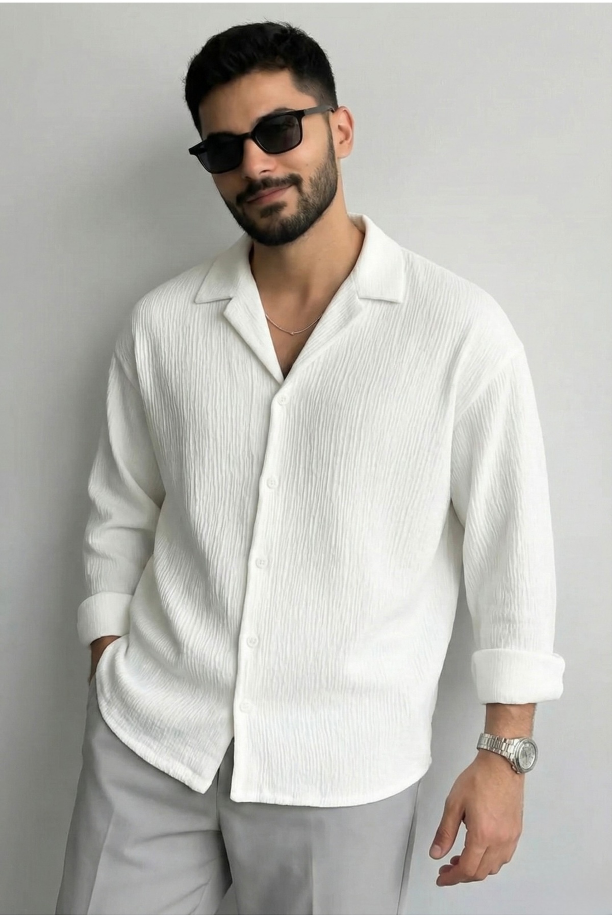 bb butik basic  Erkek Ütü İstemeyen Oversize kırık beyaz Bürümcük Gömlek BEYAZ - Görsel 3