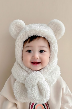 Bundera Avis Beyaz Çocuk Kapşonlu Peluş Bere Atkı Welsoft Boyunluk Rüzgar Geç...