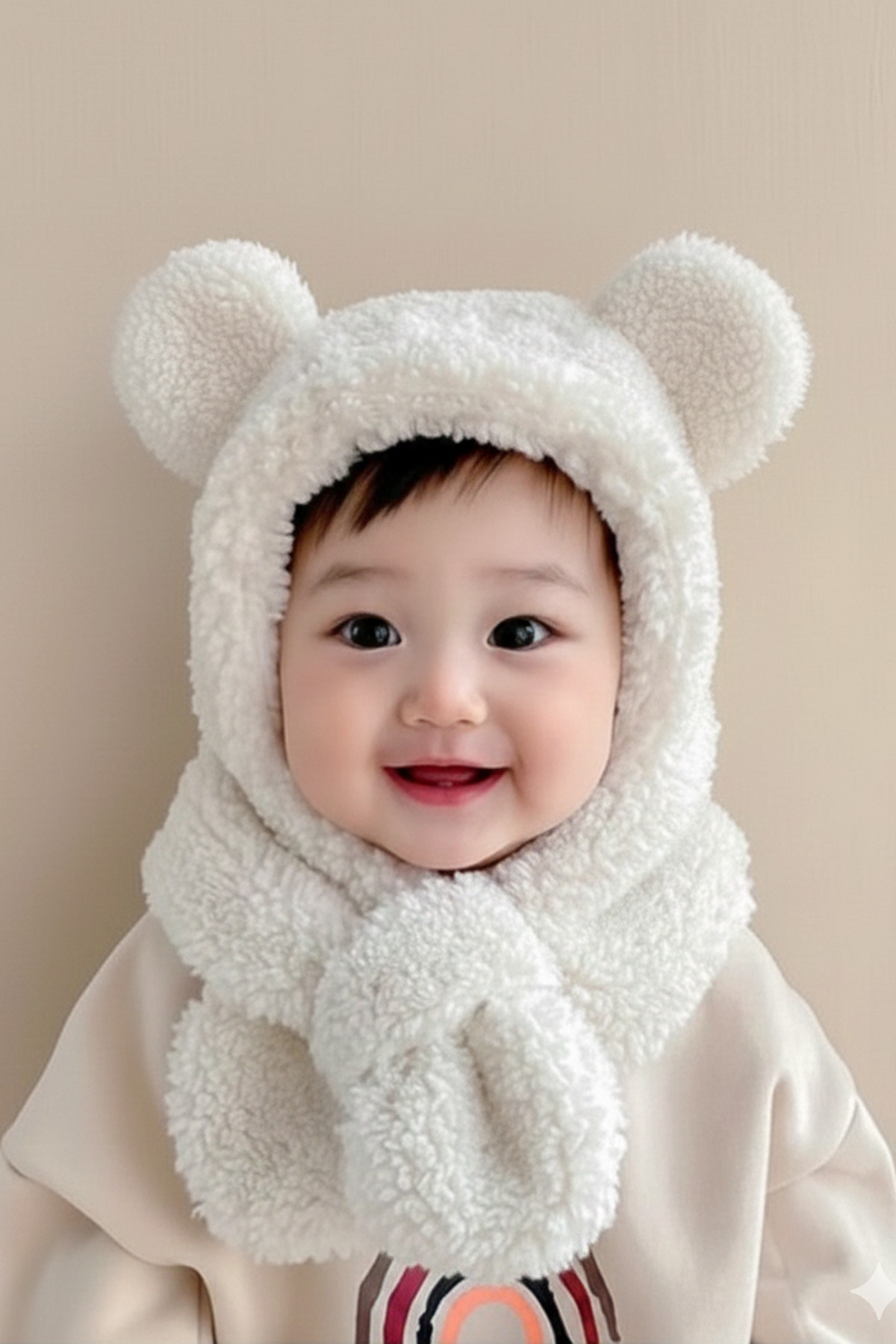 Avis White Kids Balaclava Hooded Plush Beanie Scarf Welsoft Neck Collar Windproof Ear Hat