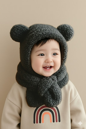 Bundeba Avis Çocuk Kapşonlu Balaklava Peluş Bere Atkı Welsoft Boyunluk Rüzgar...