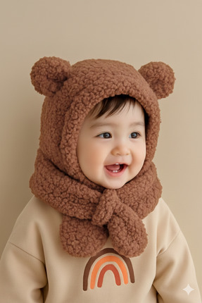 Bundera Avis Kahve Çocuk Kapşonlu Peluş Bere Atkı Welsoft Boyunluk Rüzgar Geç...