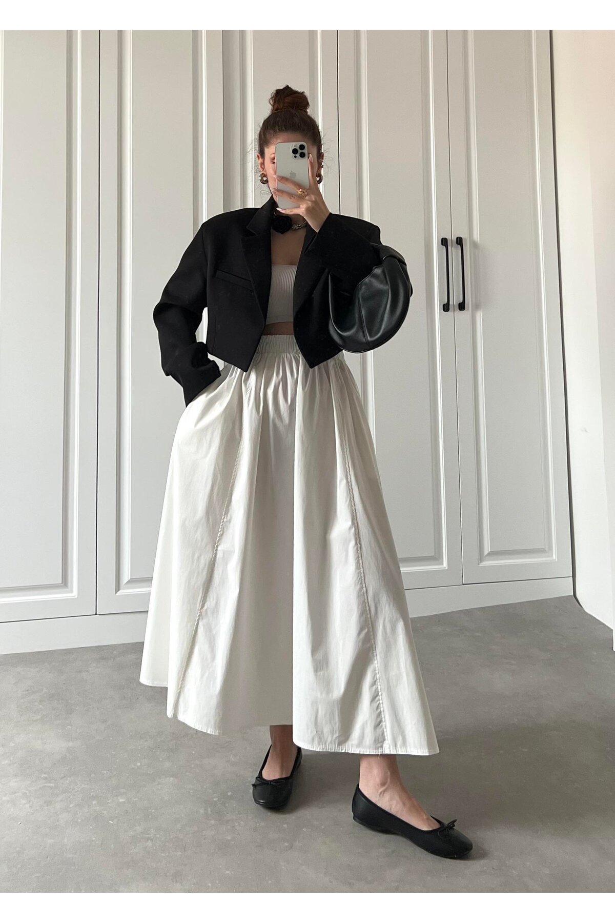 Gülmude  Uzun Beli Lastikli Etek Fleto Cepli İç Göstermez Poplin Kumaş Mevsimlik Etek (90CM) - Görsel 4