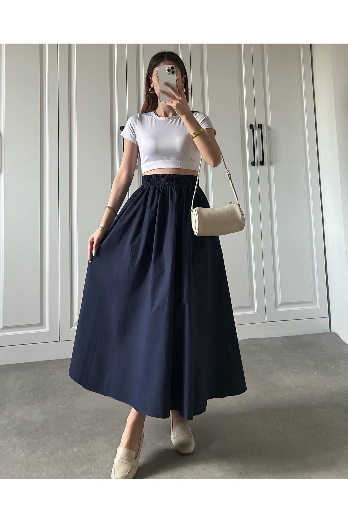 Gülmude  Uzun Beli Lastikli Etek Fleto Cepli İç Göstermez Poplin Kumaş Mevsimlik Etek (90CM) - Görsel 2