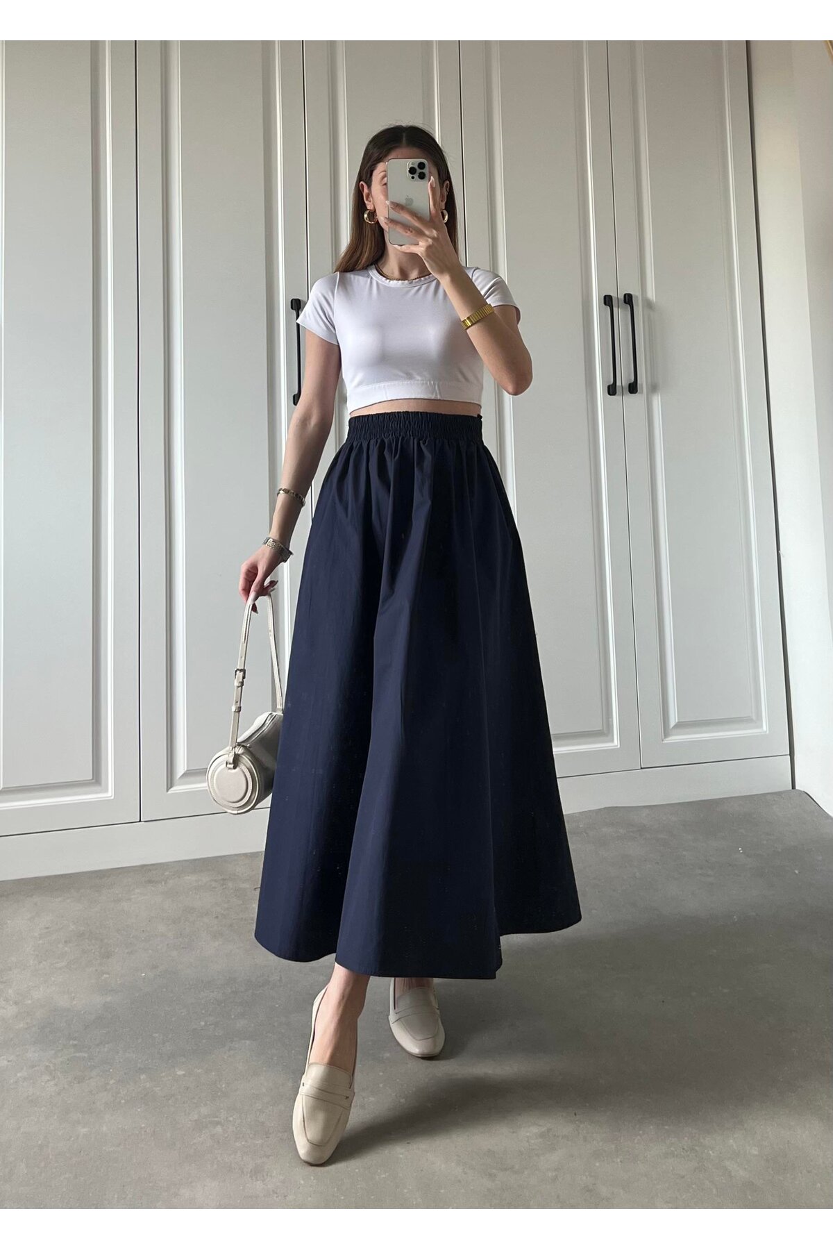 Gülmude  Uzun Beli Lastikli Etek Fleto Cepli İç Göstermez Poplin Kumaş Mevsimlik Etek (90CM) - Görsel 6