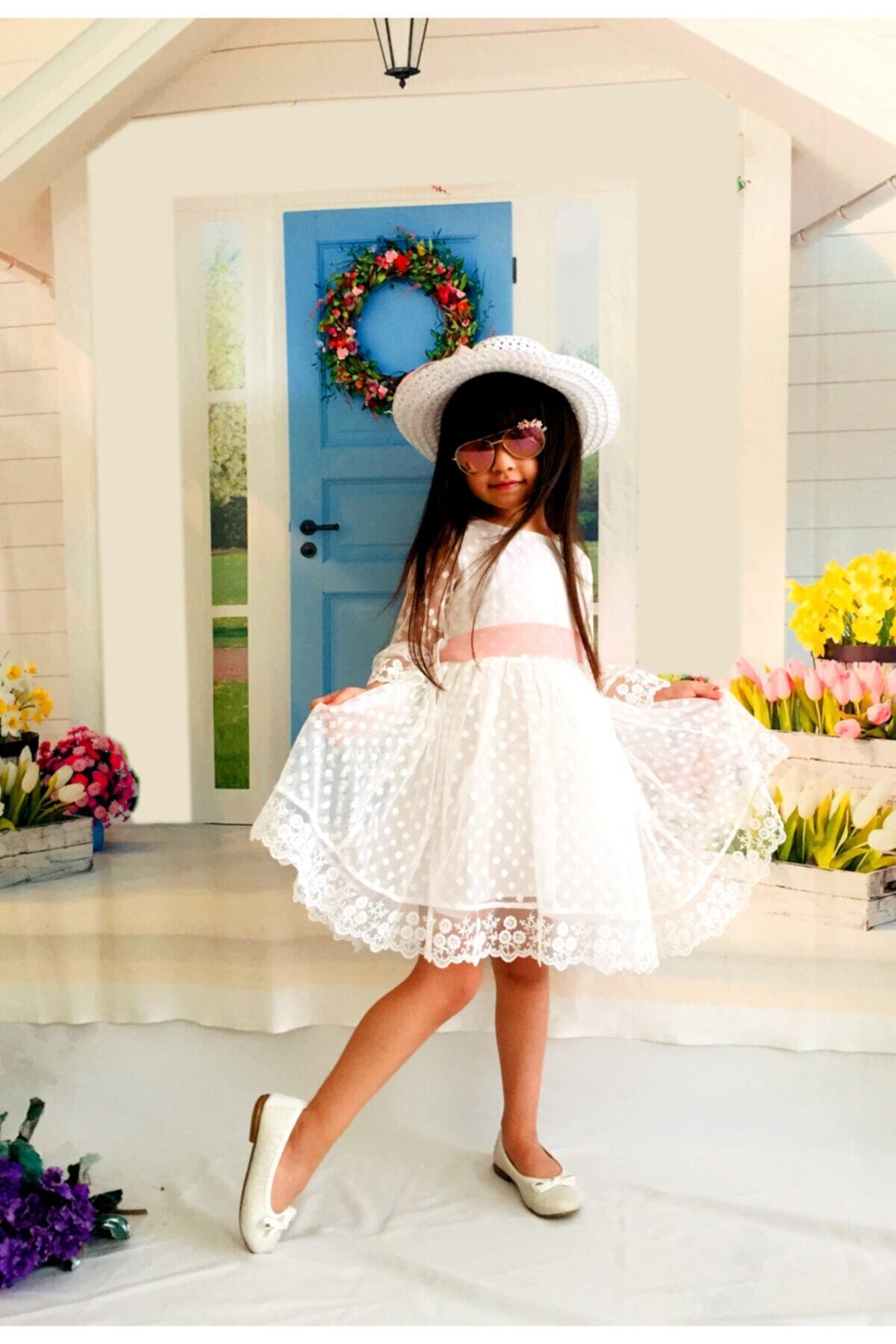 Mixie Beyaz Şapkalı Güpürlü Prenses Kız Çocuk Beyaz Elbise fotoğrafı 2 (önizleme)