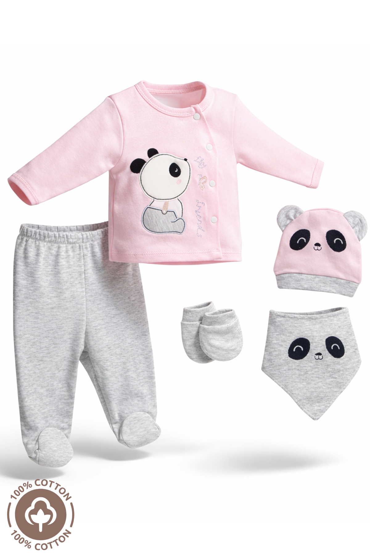 Miniel Kız Bebek Panda Nakışlı Organik Pamuklu 5li Yenidoğan Hastane Çıkışı Seti fotoğrafı 3 (önizleme)