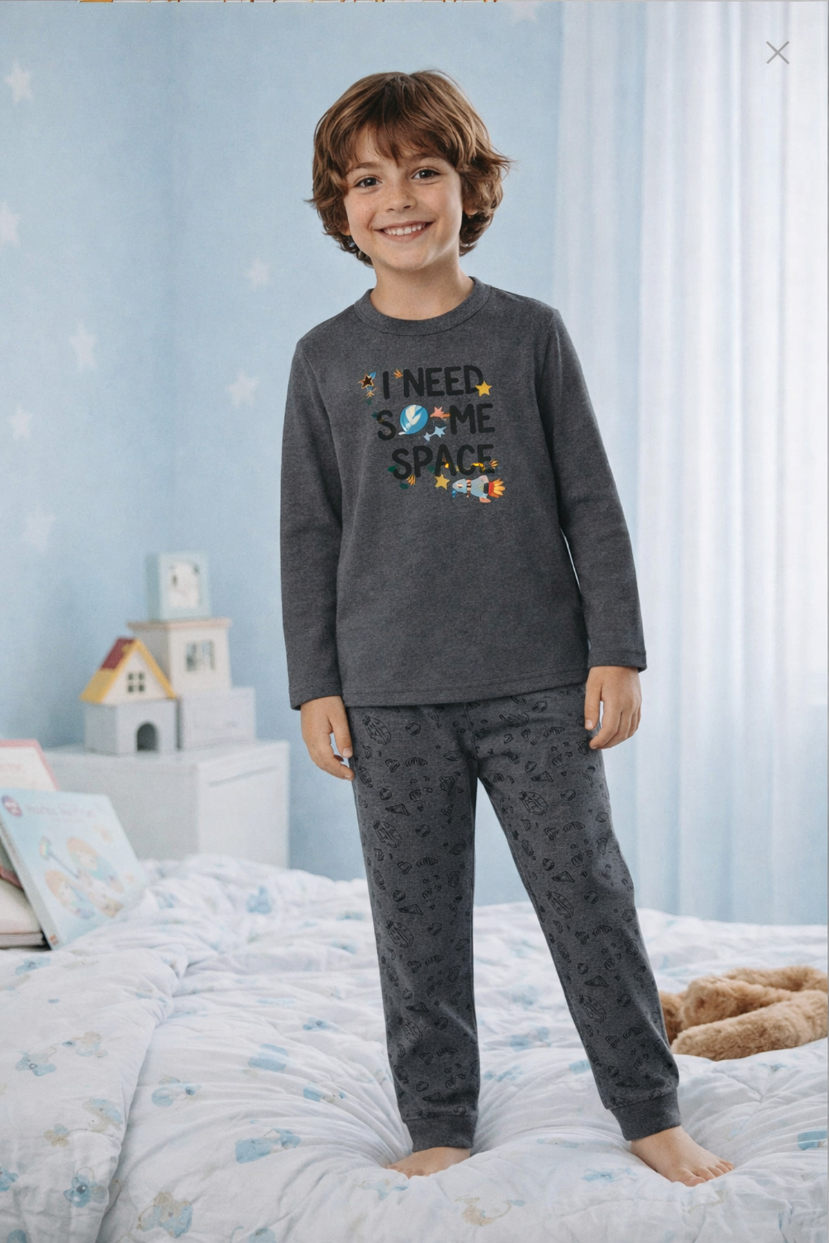 DOFİ Erkek Çocuk Füme Süpersoft Pijama Takımı – Uzay Desenli fotoğrafı 2 (önizleme)