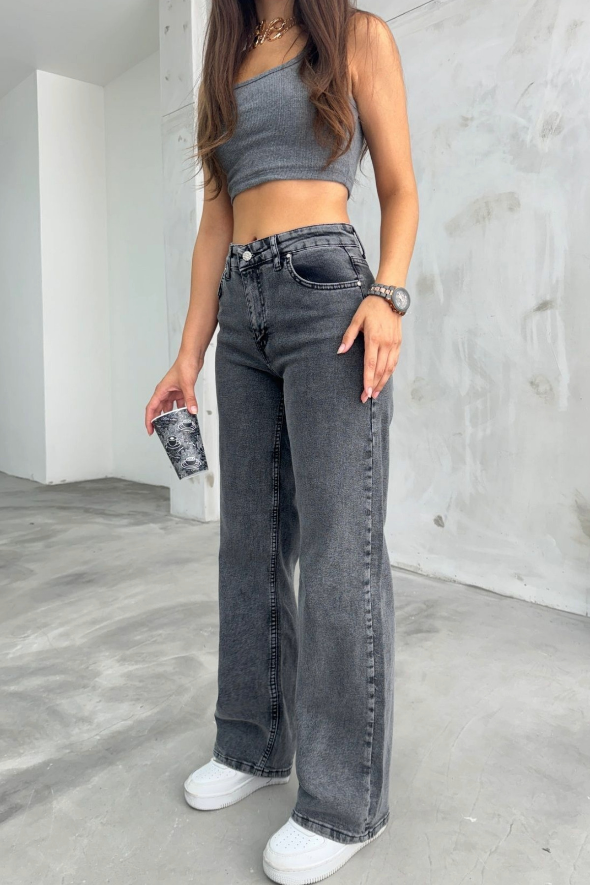 BİKELİFE  Kadın Füme Kar Yıkamalı Yüksek Bel Palazzo Jean - Görsel 3