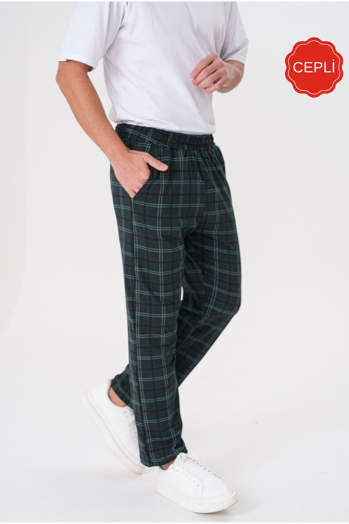 Pijamasoft  Pamuklu Cepli Ekose Baskılı Beli Lastikli Şık Ve Rahat Erkek Pijama Altı Neft Yeşil 01