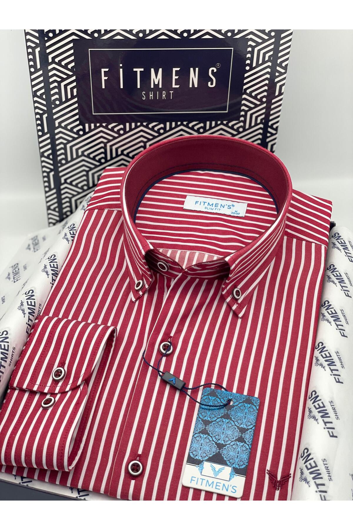 Slim Fit Long Sleeve Premium Thick Striped Neck Buttoned Easy Iron Men's Shirt with Gift Box F