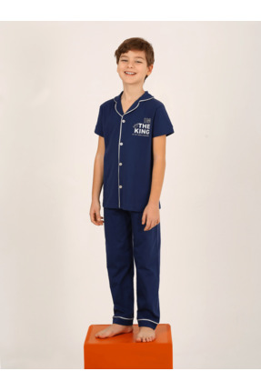 vitmo Erkek Çocuk Kısa Kollu Düğmeli %100 Pamuklu Pijama Takımı The King