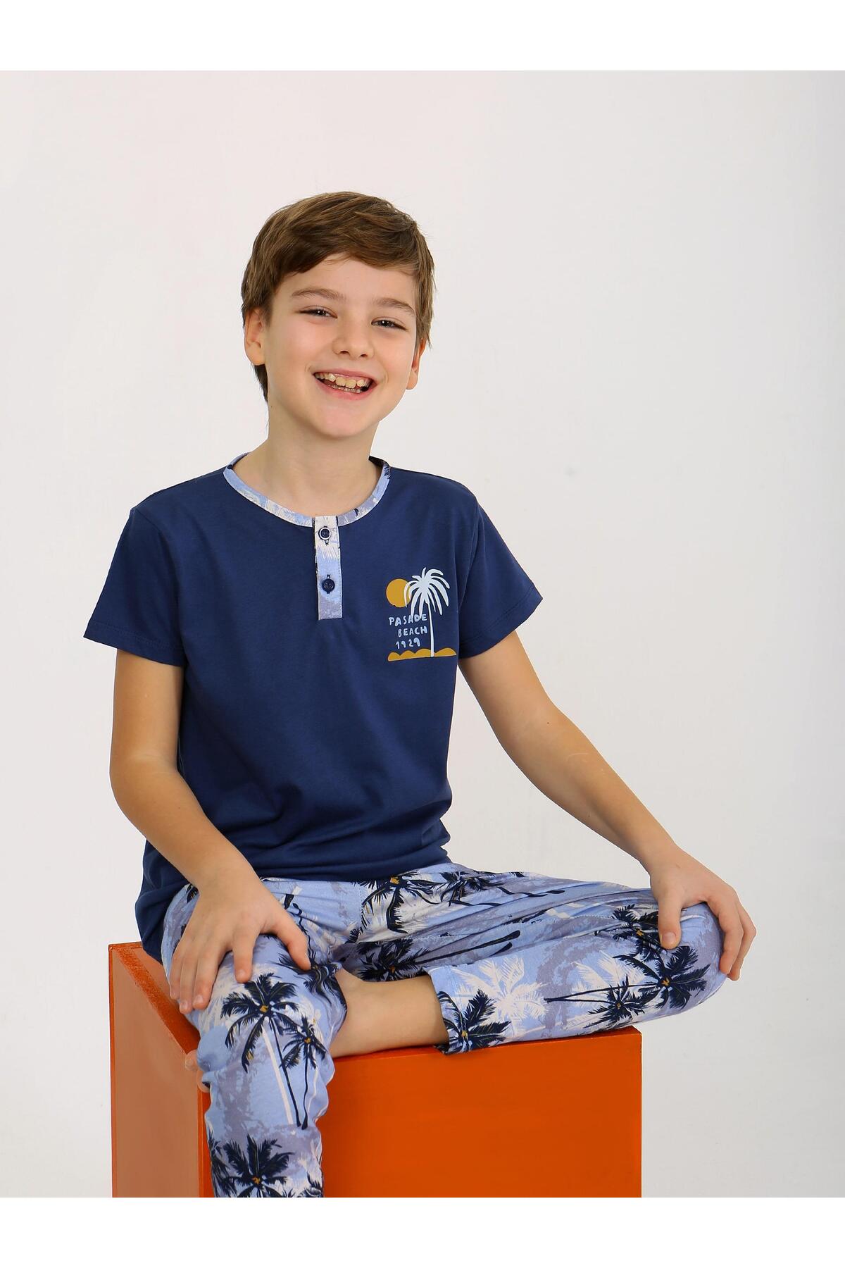 vitmo Erkek Çocuk Kısa Kollu Düğme Detaylı %100 Pamuklu Pijama Takımı The Palm fotoğrafı 6 (önizleme)