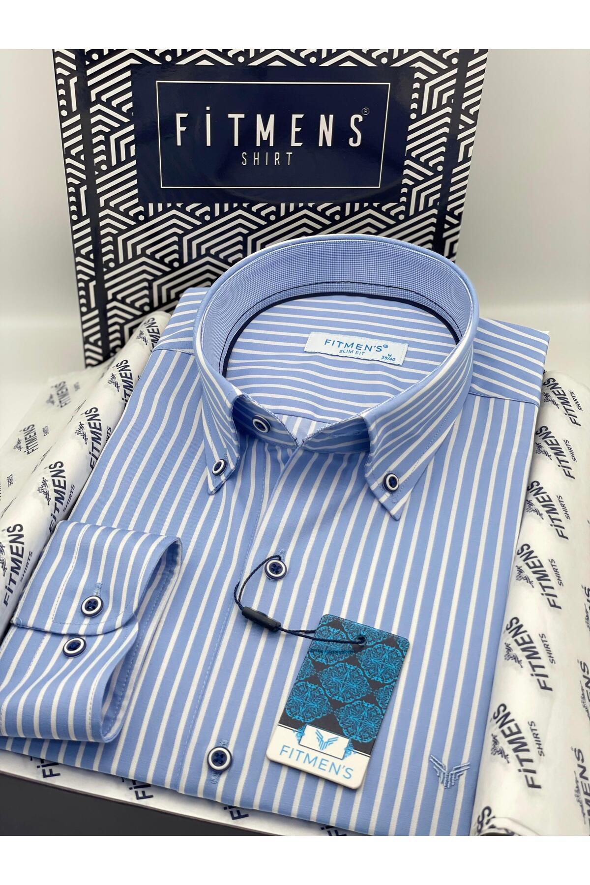 Slim Fit Long Sleeve Premium Thick Striped Neck Buttoned Easy Iron Men's Shirt with Gift Box F