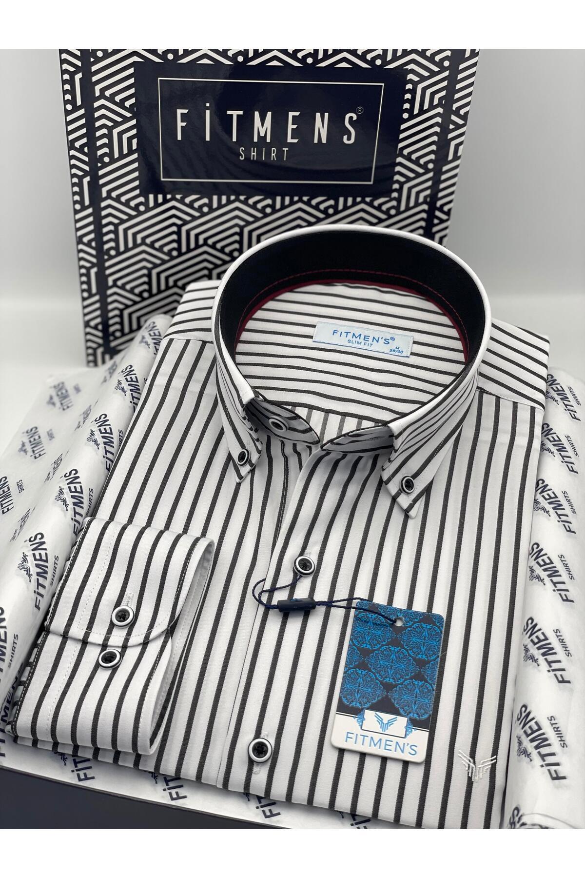 Slim Fit Long Sleeve Premium Thick Striped Neck Buttoned Easy Iron Men's Shirt with Gift Box F