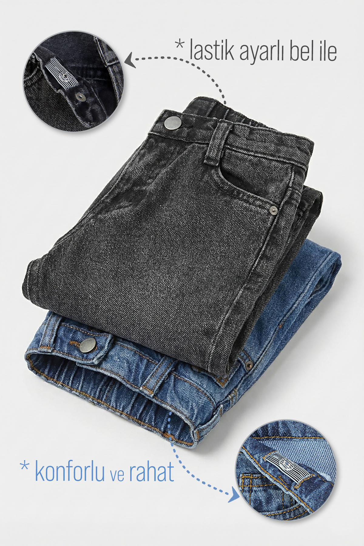 Dmb Beli Lastikli Baggy Kalıp Kız - Erkek Unisex Jean 2 'li Seri fotoğrafı 3 (önizleme)