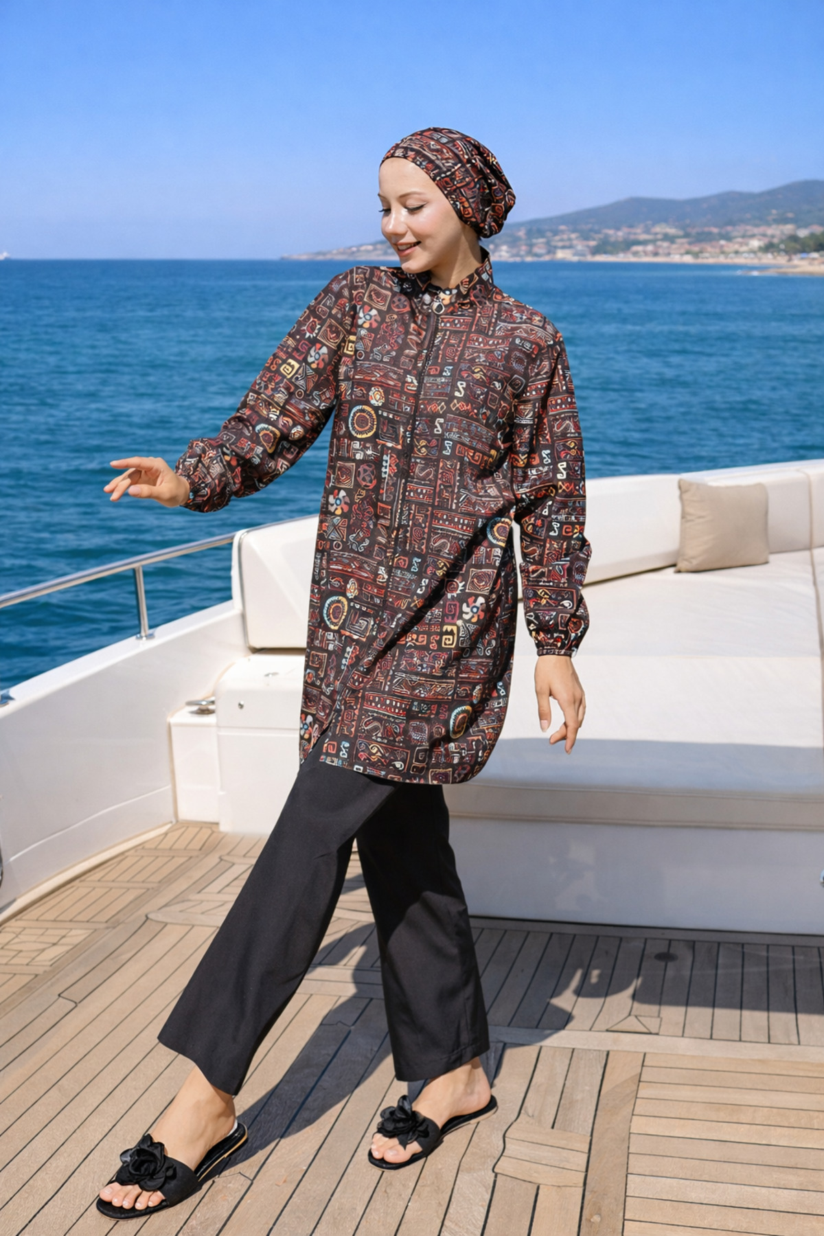 Women's full closed hijab swimsuit mosaic 3-piece set