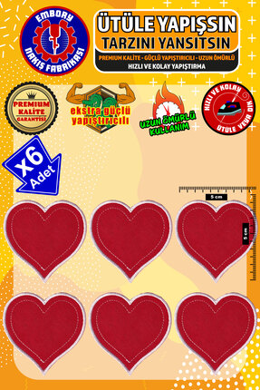 Embory Ütü ile Yapışan Arma Yama, Kırmızı Kalp (6 ADET) Ütüyle Yapışan Nakış ...