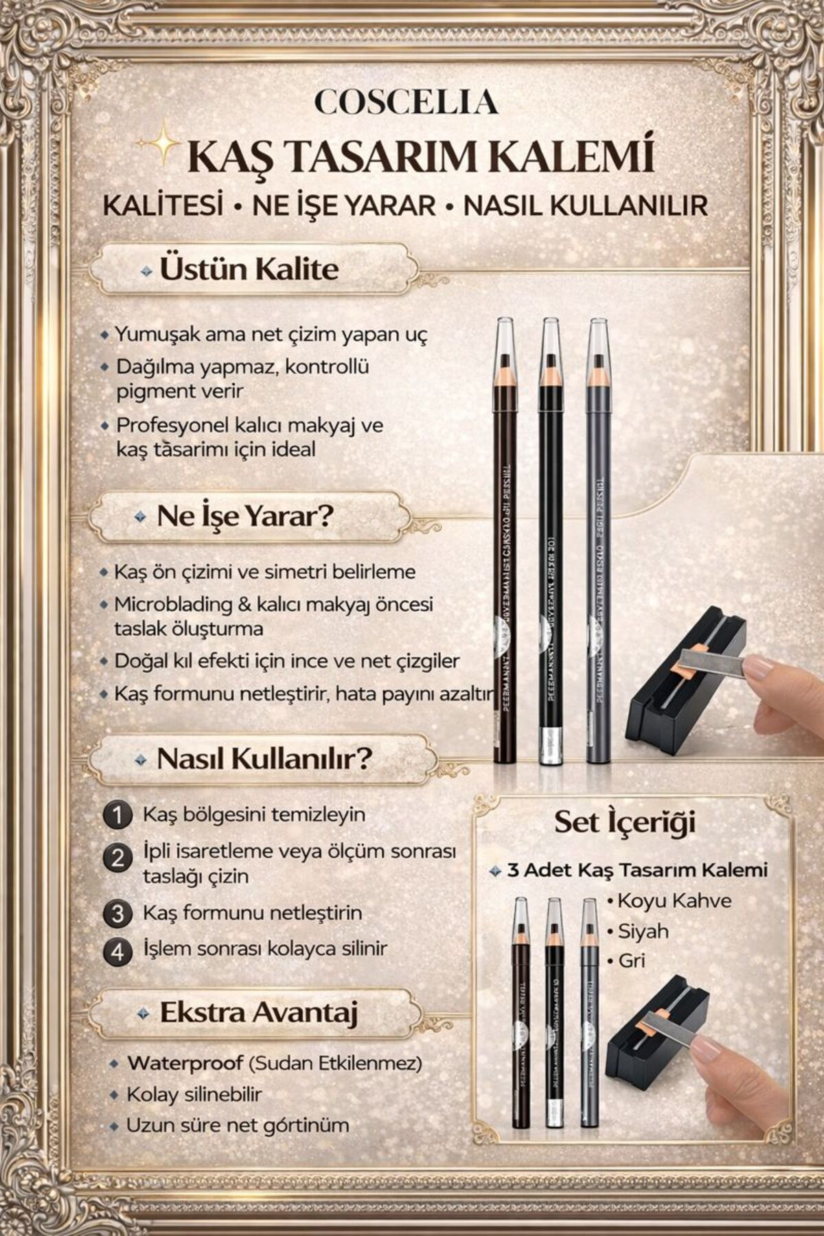 3 ADET KALICI MAKYAJ İPLİ İŞARETLEME TASARIM KALEMI WATERPROOF + KALEM AÇACAK APARATI — رنگارنگ COSİPLİKALEMSET1 — تصویر 3 از 7