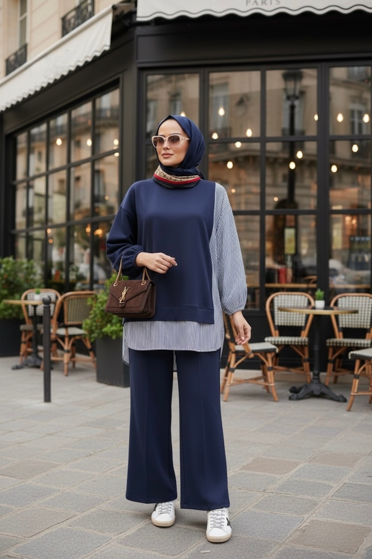 ASEL FASHİON  Kadın Tesettür Takım Line İkili Takım Gömlek Lacivert - Görsel 6