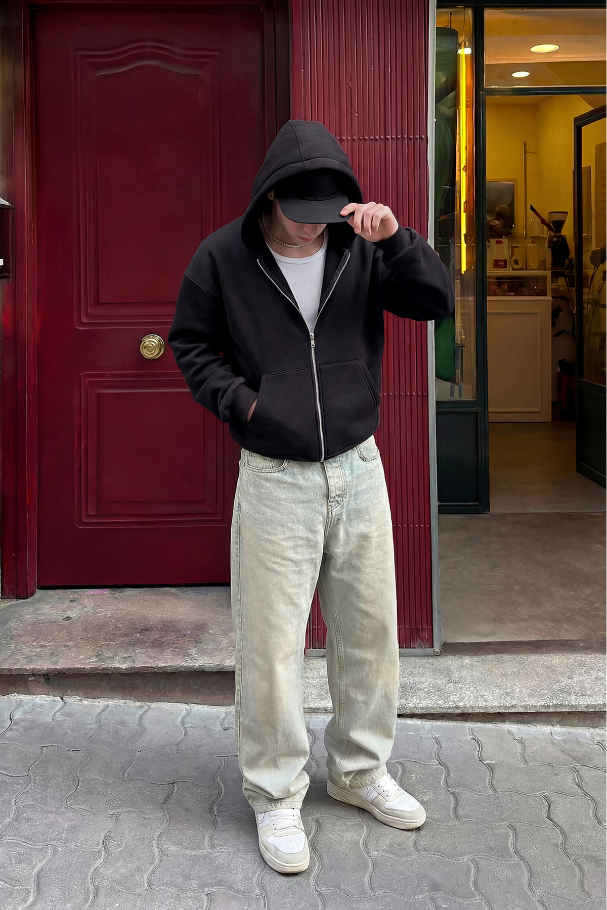 TWILIT  Oversize Basic Fermuarlı Sweatshirt Hırka Kapüşonlu Hoodie %100 Pamuk Erkek - Siyah - Görsel 5