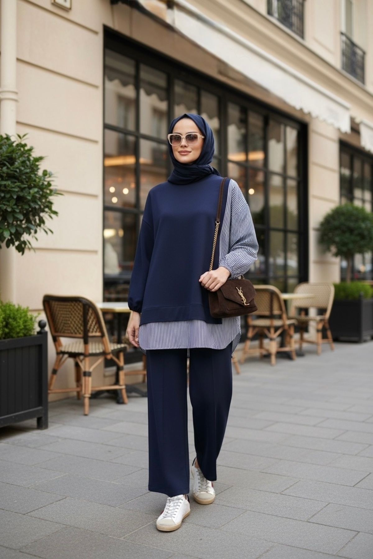 ASEL FASHİON  Kadın Tesettür Takım Line İkili Takım Gömlek Lacivert - Görsel 4