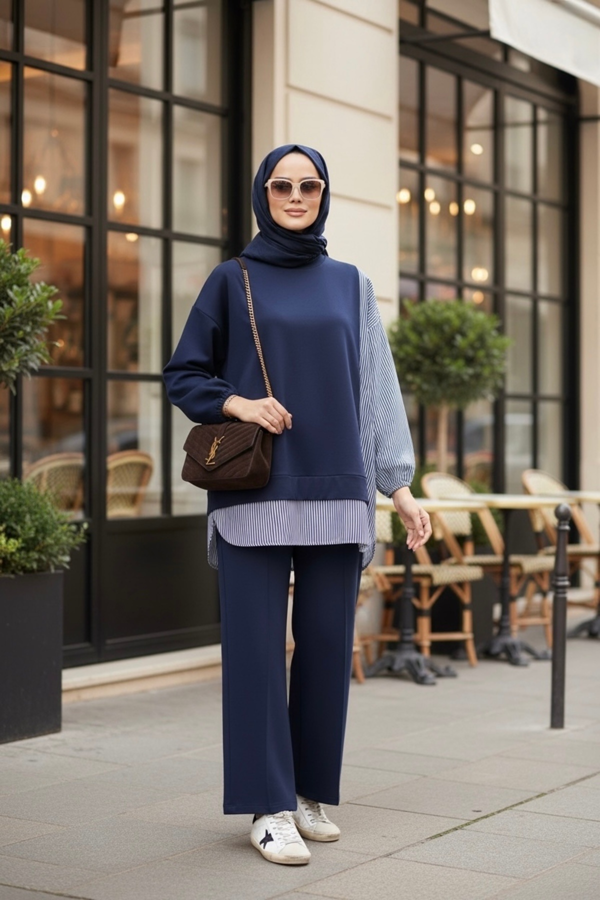 ASEL FASHİON  Kadın Tesettür Takım Line İkili Takım Gömlek Lacivert - Görsel 3