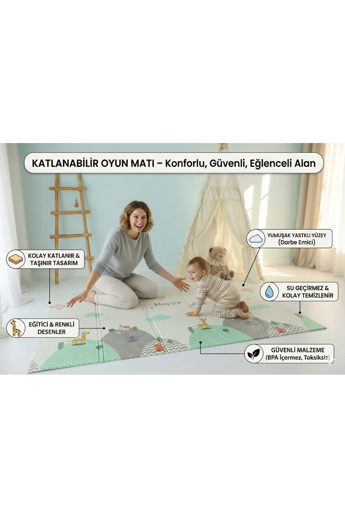 Urrenn YENİ Çocuk Halısı - Katlanabilir Desenli Bebek Çocuk Oyun Matı 130x200 cm fotoğrafı 5 (önizleme)