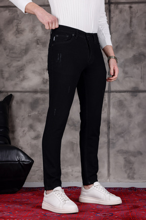 MODAMESTO Erkek Siyah Slim Fit Likralı Dar Paça Lazerli Kot Pantolon