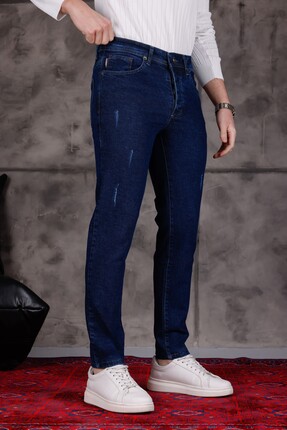 MODAMESTO Erkek Lacivert Slim Fit Likralı Dar Paça Lazerli Kot Pantolon