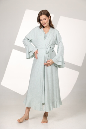 Lohusa Homewear Kadın Su Yeşili Volanlı Kol Özel Tasarım Lohusa Hamile Sabahl...