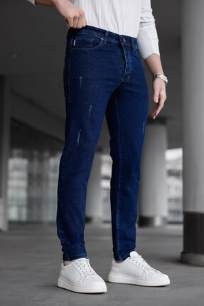 Ser Joven Erkek Lacivert Slim Fit Lazerli Likralı Jean Pantolon