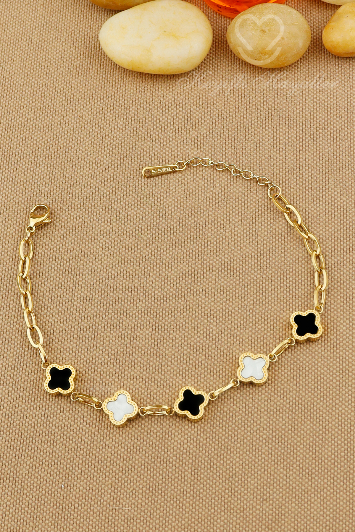 Black White Clover 316L Ring Chain Elegant Steel Bracelet 16+5cm Stainless Shadowproof